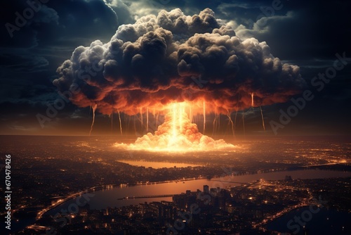 A massive nuclear explosion over a city. The concept of wars and destruction.