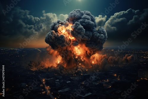 A massive nuclear explosion over a city. The concept of wars and destruction.
