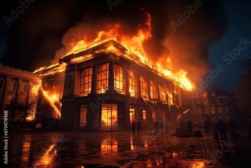 A building ablaze at night with people and destruction all around. The concept of wars and destruction. © volga