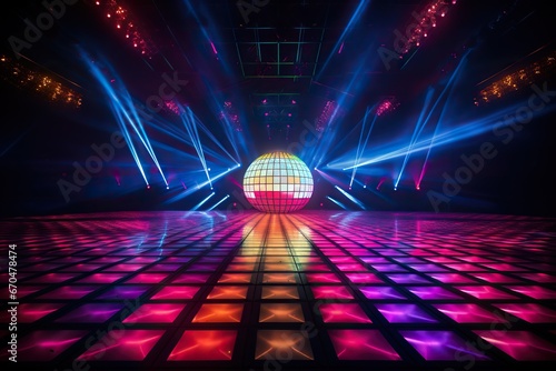 Colorful dance hall with a shimmering disco ball and beams of light.
