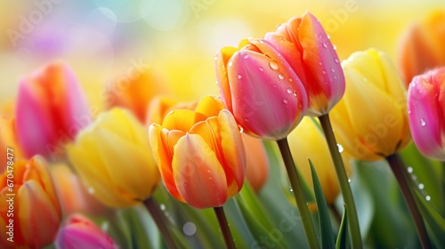 tulips in the garden with water drop on flowers generated by AI tool  #670478477