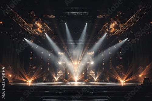 Illuminated spotlights on a concert stage in a dark room. photo