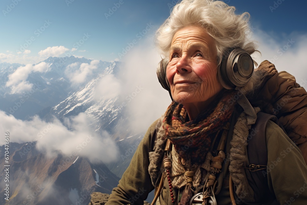 Elderly caucasian woman with grey hair, wearing headphones, looking at mountain peaks. Elderly caucasian woman with grey hair, wearing headphones, looking at mountain peaks.