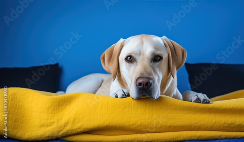 Labrador dog lying on a yellow blanket against a blue wall.