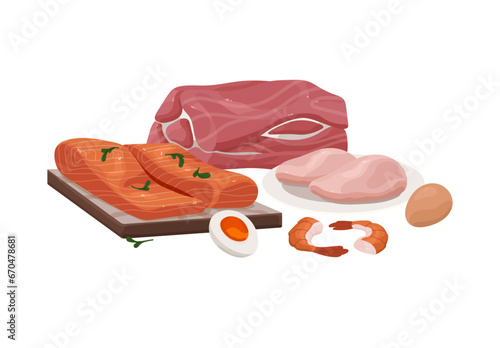 Food of animal origin composition. Healthy nutrition, wholesome eating. Raw organic meat, fish: beef, chicken fillet, pork, salmon, seafood. Flat isolated vector illustration on white background