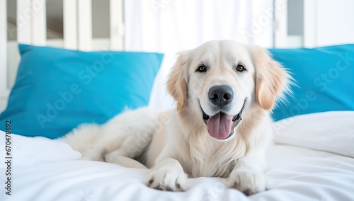 A golden retriever lying on white bedding with a blue pillow.