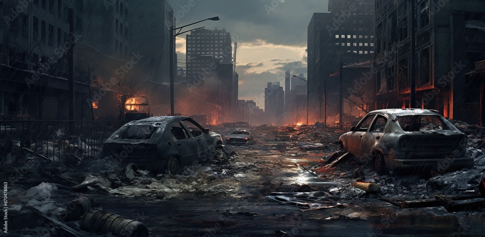 City in ruins with demolished buildings, desolate streets, burning fires, and scattered cars following a catastrophe. The concept of wars and destruction. - obrazy, fototapety, plakaty 