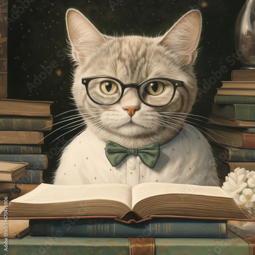 cat in glasses with book