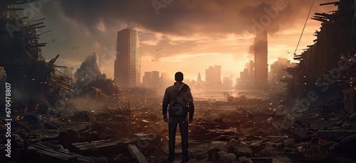 The man stands with his back to the viewer, looking at the destroyed city, the wreckage of buildings and a cloud of smoke in the distance. The concept of wars and destruction. photo