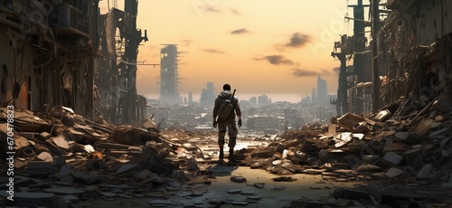 An adult man with a backpack and a stick stands against the backdrop of a ruined city at sunset. The concept of wars and destruction.