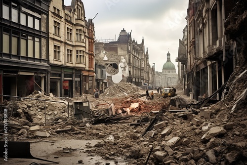 A destroyed street with building debris  construction equipment  and people against the backdrop of a historic dome. The concept of wars and destruction.