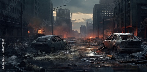 City in ruins with demolished buildings, desolate streets, burning fires, and scattered cars following a catastrophe. The concept of wars and destruction.