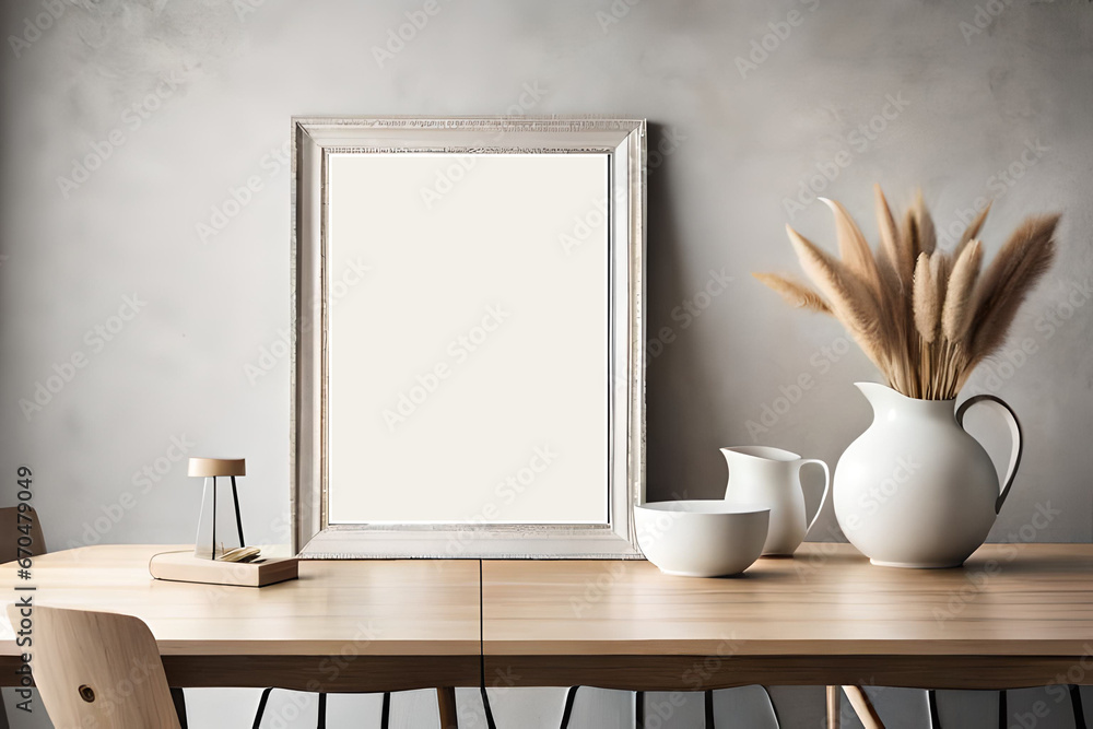 Blank picture with white frame mockup. Modern glass vase with dry flowers on wooden table. Still life interior. Home staging, minimal decor concept. Blank picture with white frame mockup. Modern glass vase with dry flowers on wooden table. Still life interior. Home staging, minimal decor concept.
