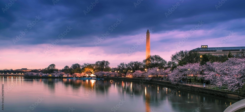 Stunning view of the Washington Monument illuminated by the setting sun