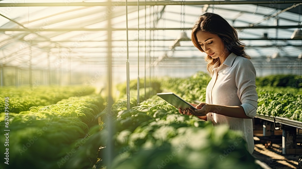 Female farmer stands and holds a tablet in her hand Female farmer stands and holds a tablet in her hand