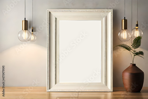Blank picture with white frame mockup. Modern glass vase with dry flowers on wooden table. Still life interior. Home staging, minimal decor concept. 