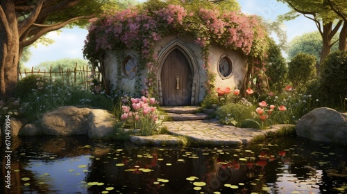A serene garden pond reflecting a heart-shaped door  surrounded by weeping willows and lotus flowers.
