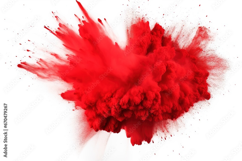 Vivid burst of red paint color powder isolated on white background.