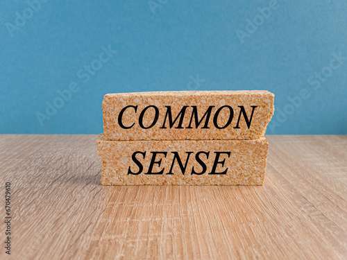 Common sense symbol. Concept words Common sense on beautiful brick blocks. Beautiful wooden table blue background. Business, motivational common sense concept. Copy space.