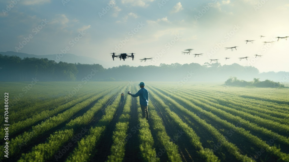 Man Flying Drone in rice field - obrazy, fototapety, plakaty 