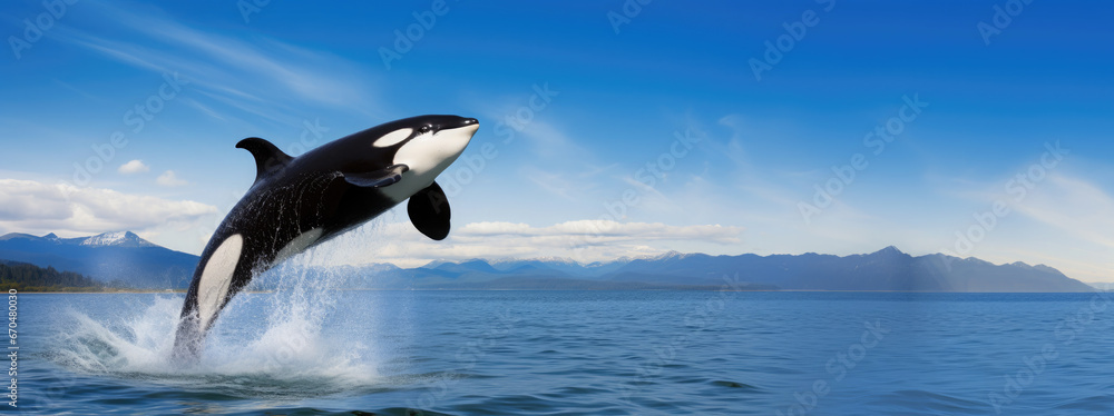 Fototapeta premium black and white killer whale emerges from the water against the backdrop of the sea and blue sky, orca, mammal, wild animal, tourism, Alaska, Greenland, Norway, coast, mountains, nature