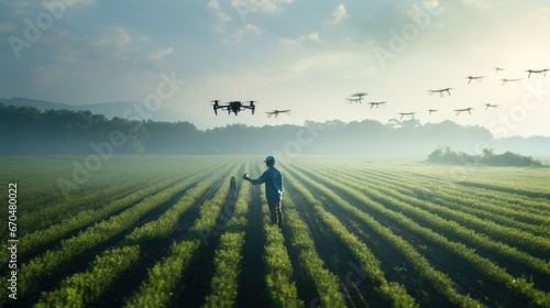 Man Flying Drone in rice field