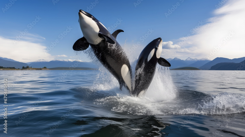 Fototapeta premium black and white killer whale emerges from the water against the backdrop of the sea and blue sky, orca, mammal, wild animal, tourism, Alaska, Greenland, Norway, coast, mountains, nature