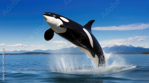 black and white killer whale emerges from the water against the backdrop of the sea and blue sky  orca  mammal  wild animal  tourism  Alaska  Greenland  Norway  coast  mountains  nature
