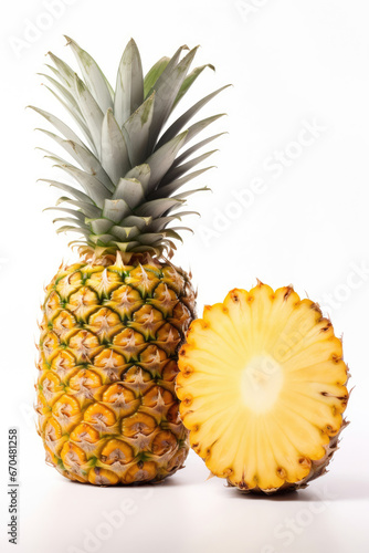 Whole and half pineapple on white background