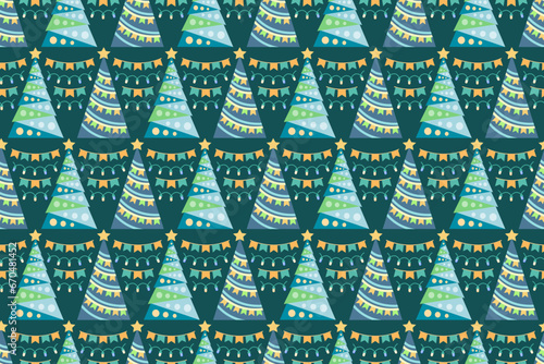 Seamless pattern with Christmas trees, endless repeating New Year event colorful pattern with decorative, stylized Christmas trees.