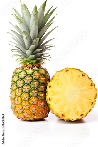 Whole and half pineapple on white background