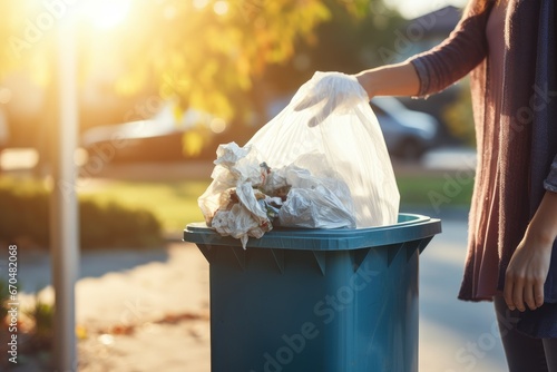 Woman opening bin to throw trash bag at morning. Dirt open waster disposal reuse. Generate Ai photo