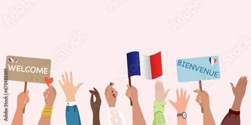 Raised arms and hands of multi-ethnic people from different nations holding French flag, boards with lettering welcome and bienvenue. Olympic games 2024 welcome concept. Vector illustration.