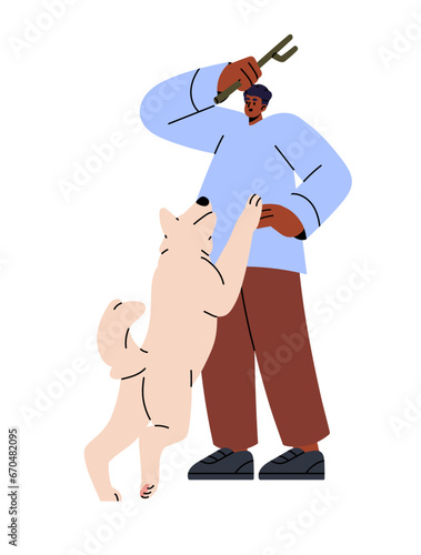 Dog owner play with his puppy with branch. Funny fluffy doggy jump on person. People walk, stroll furry pup. Professional pet sitter training pooch, animal. Flat isolated vector illustration on white