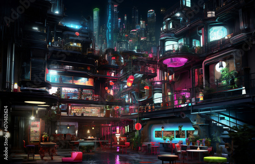 Futuristic cyberpunk urban cityscape, Neon Lights, city street at night