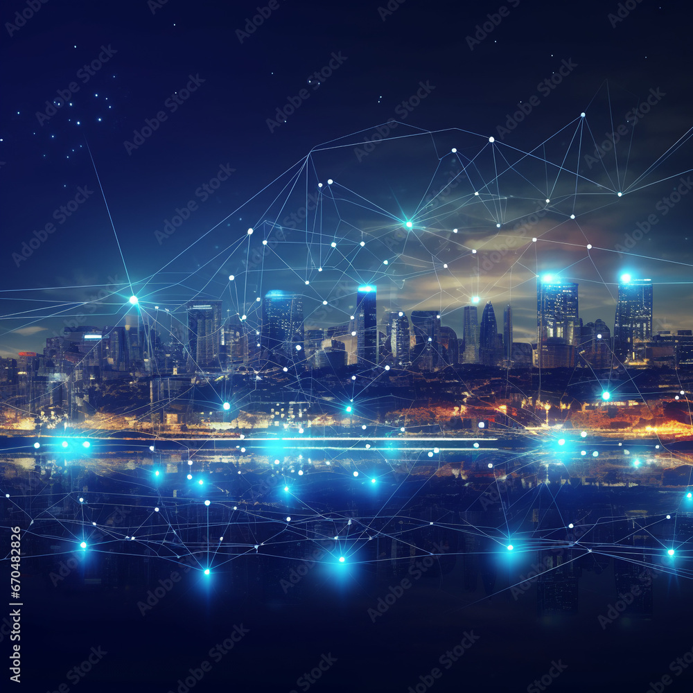 Envisioning a Futuristic Urban Landscape: The Fusion of Smart City, Abstract Dot Points, and Aesthetic Wave Line Design in the Era of Big Data Connectivity