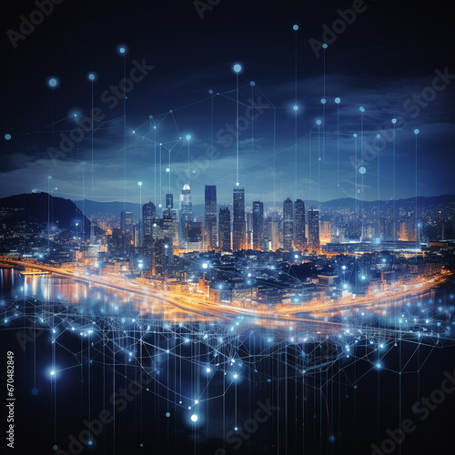 Envisioning a Futuristic Urban Landscape: The Fusion of Smart City, Abstract Dot Points, and Aesthetic Wave Line Design in the Era of Big Data Connectivity