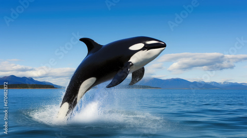 black and white killer whale emerges from the water against the backdrop of the sea and blue sky, orca, mammal, wild animal, tourism, Alaska, Greenland, Norway, coast, mountains, nature