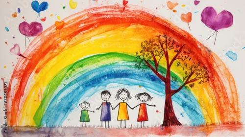 creative children's drawing doodles in an art school or with a psychologist art therapy test: happy family with children and parents against the background of a rainbow