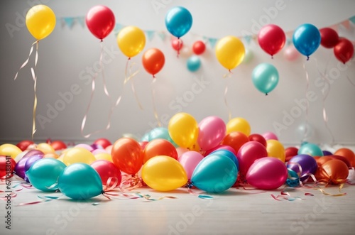Multicolored balloons and confetti on a white wooden background.