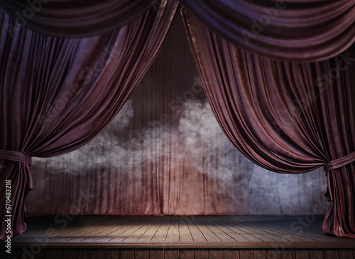 Magic theater stage red curtains Show Spotlight. 3d render illustration.
