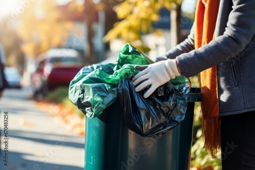 Woman opening bin to throw trash bag sack. Grasp sole reuse plastic. Generate Ai
