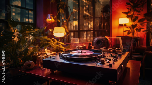 old retro jazz cafe with vinyl records on the player, cozy interior, bar, room, home, music, vintage, warm light, lamp, design