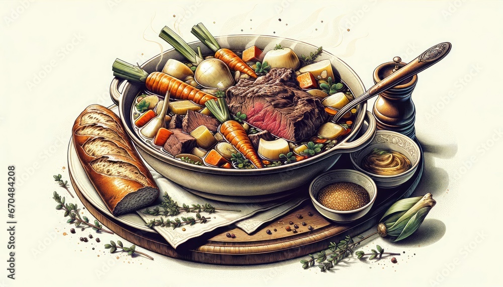 Illustration of Traditional French Pot-au-Feu with Fresh Ingredients Illustration of Traditional French Pot-au-Feu with Fresh Ingredients
