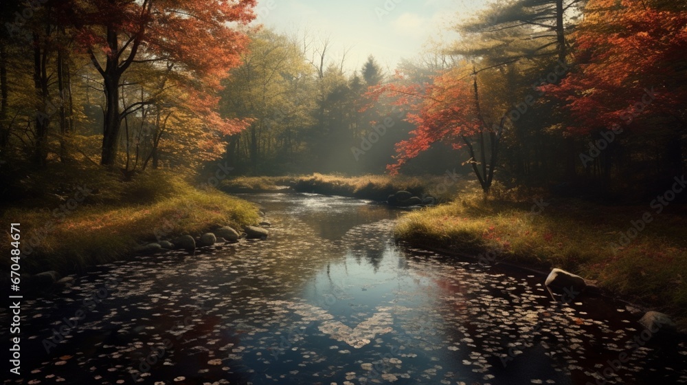 A serene pond surrounded by trees, where floating leaves converge in the center to form a heart pattern on the water.