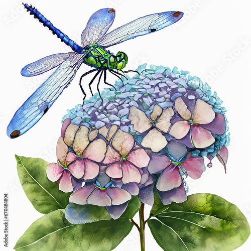 Hydrangea flowers and dragonfly on white background. Illustration, watercolor