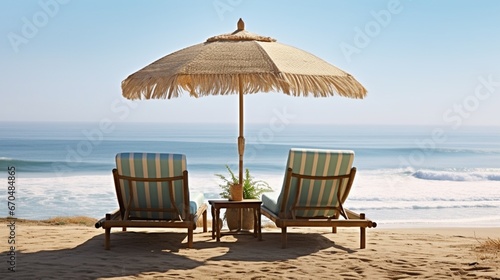 A serene setting of two reclining chairs  nestled under a straw umbrella with the gentle surf in the backdrop.