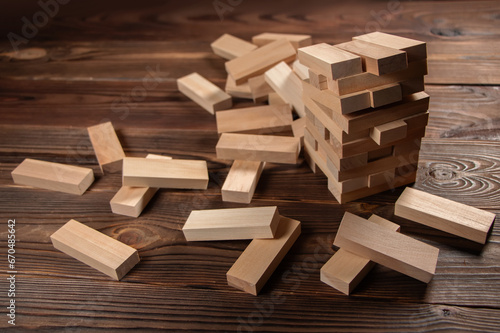Blocks wood game with copy space  The tower from wooden blocks from the top view  Jenga