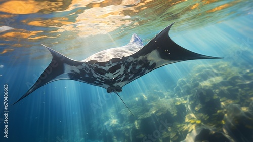A single manta ray, its majestic wings flapping, captured in a sunlit shallows.