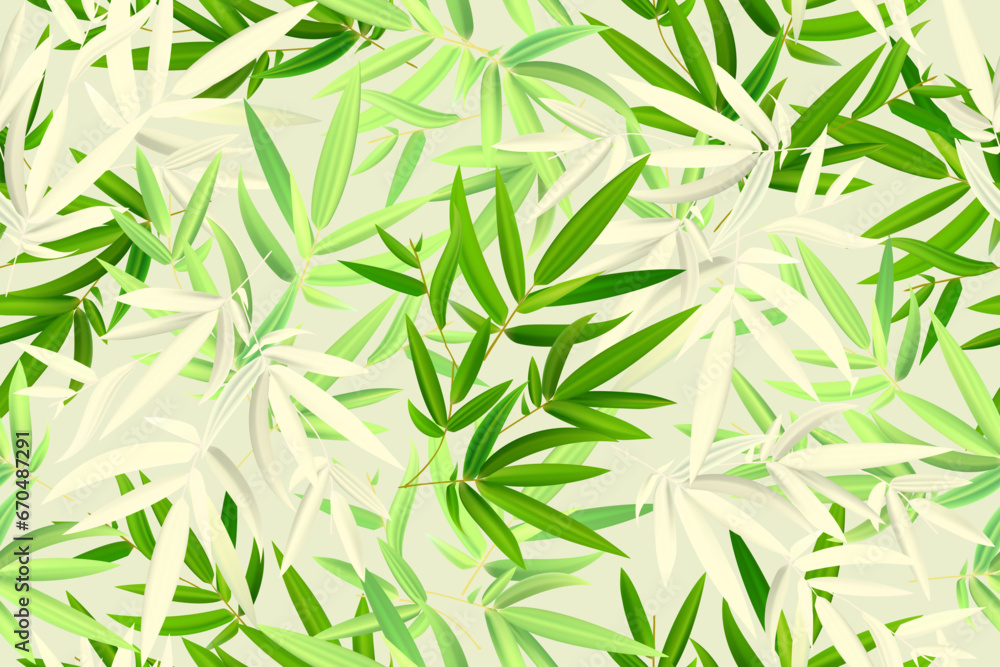 Fototapeta premium Realistic green bamboo leaves. Seamless pattern with tropical leaf. Texture design for web banner, print, wallpaper. Vector illustration.